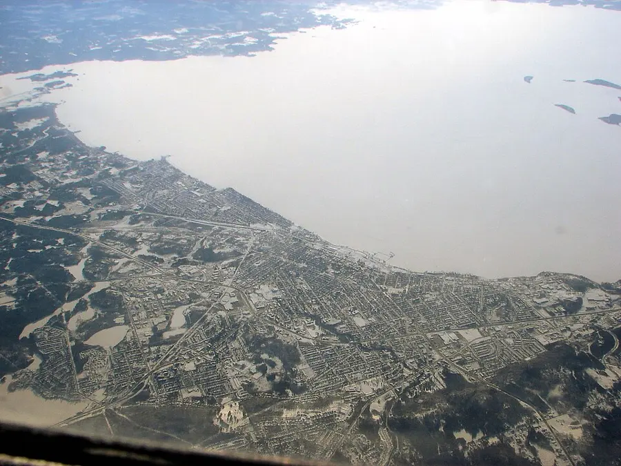 Aerial view of North Bay and Lake Nipissing, a regional example in Near North Ontario